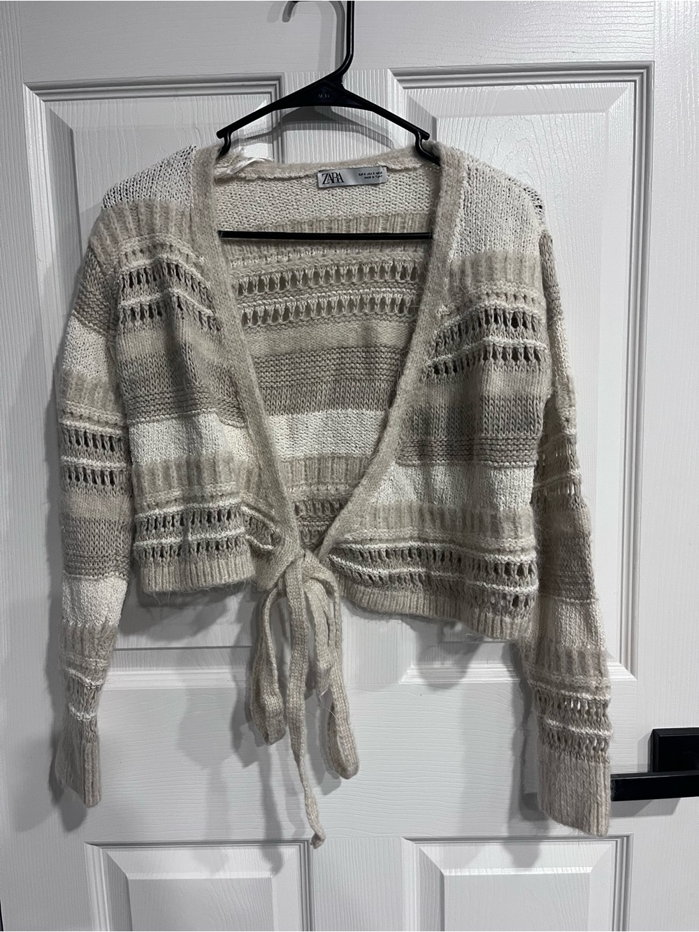 ZARA Cream Open Knit Tie Front Cardigan Sweater Boho Size S
